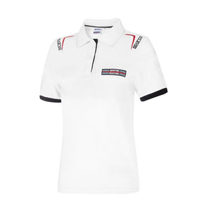 Front view of Sparco Martini Lady Polo in white with Martini Racing chest patch, Sparco logos on shoulders, and black sleeve trim -image