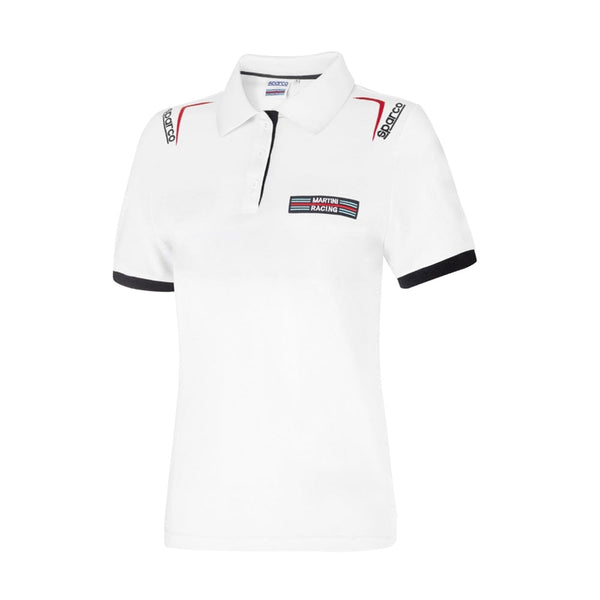 Front view of Sparco Martini Lady Polo in white with Martini Racing chest patch, Sparco logos on shoulders, and black sleeve trim -image