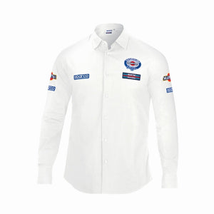 Front view of Sparco Martini Long Sleeve Shirt in white with embroidered Sparco and Martini Racing logos on chest and sleeves-image

