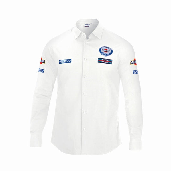Front view of Sparco Martini Long Sleeve Shirt in white with embroidered Sparco and Martini Racing logos on chest and sleeves-image

