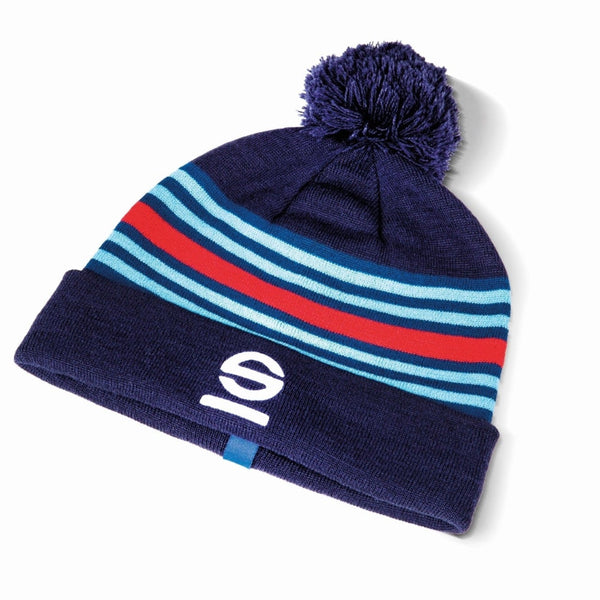 Sparco Martini Racing Beanie with navy blue knit, red and blue stripes, pom top, and white Sparco S logo on the cuff