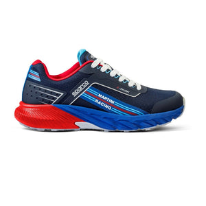 Sparco Martini S-Park Shoe – Side profile with Martini Racing stripes and red/blue sole

