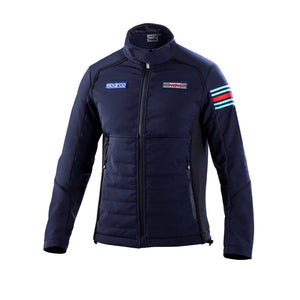 Sparco Martini Soft Shell Jacket front view in navy with embroidered Martini Racing stripes on sleeve –Image