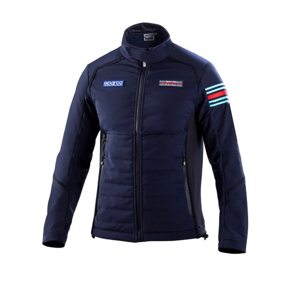 Sparco Martini Soft Shell Jacket front view in navy with embroidered Martini Racing stripes on sleeve –Image