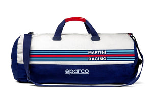 Front view of Sparco Martini Sports Bag showing Martini Racing stripes and Sparco logo on high-density canvas