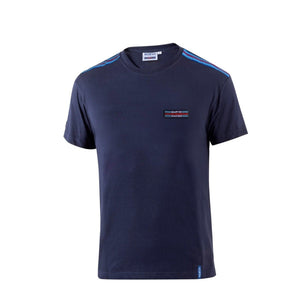Front view of Sparco Martini T-Shirt Top Stripes in navy with Martini Racing patch and shoulder stripes -Image