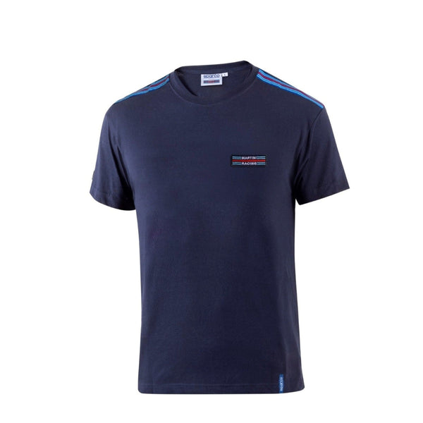Front view of Sparco Martini T-Shirt Top Stripes in navy with Martini Racing patch and shoulder stripes -Image