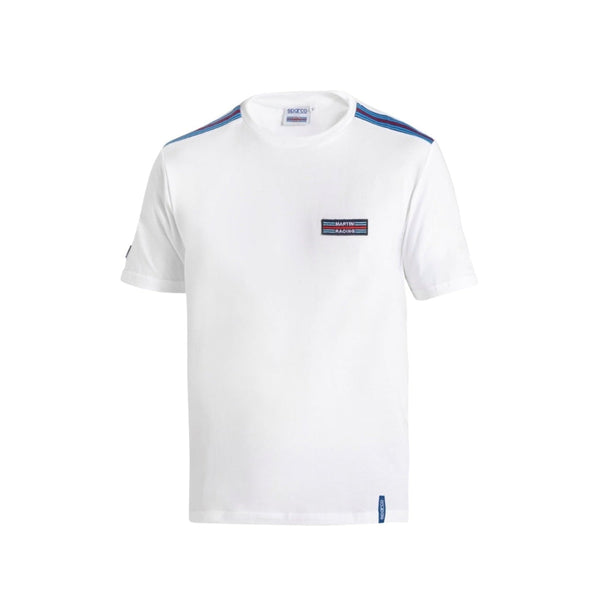 Front view of Sparco Martini T-Shirt Top Stripes in white with shoulder stripe and Martini patch -Image

