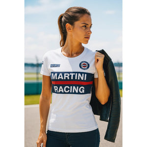  Sparco Martini T-Shirt hero image with woman wearing white shirt and leather jacket at racetrack -image