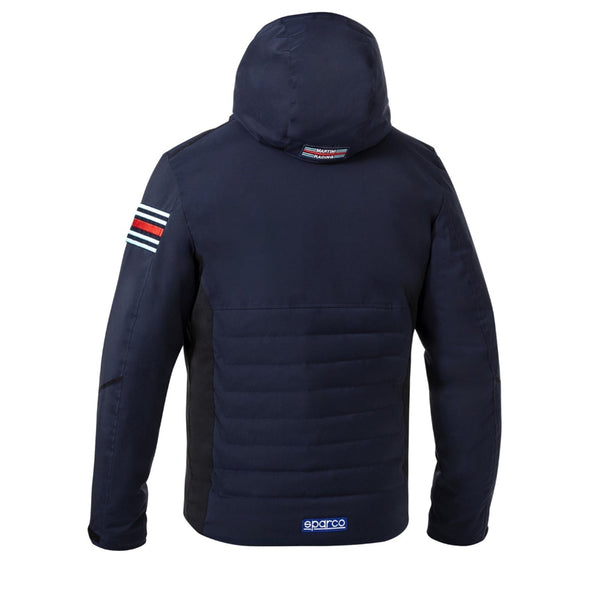 Sparco Martini Racing Winter Jacket navy version rear view with subtle branding on hood and lower back-image
