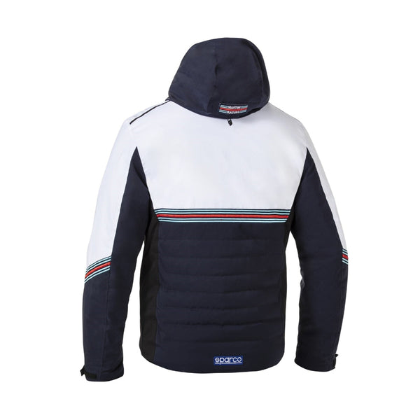  Sparco Martini Racing Winter Jacket back view showing full hood and Martini striping-Image