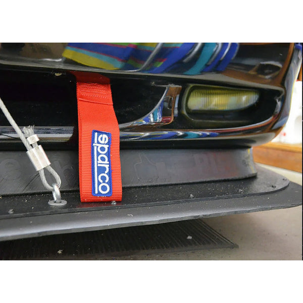 Sparco racing tow strap red installed on front bumper