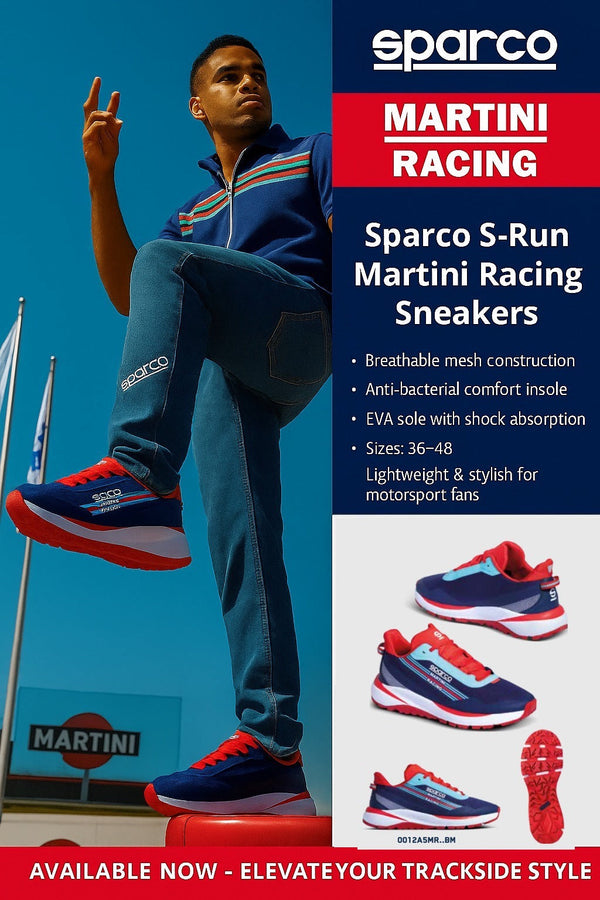 Promotional graphic of Sparco S-Run Martini Racing Sneakers with model, product features, and multiple shoe views against a vibrant trackside backdrop