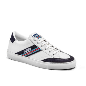 Angled front view of Sparco S-Time Martini Racing shoe with lace and toe detailing