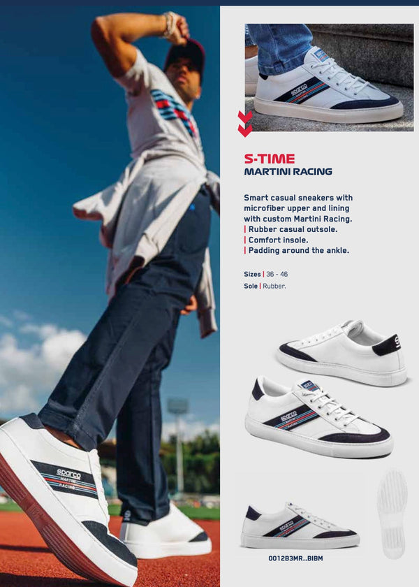 ifestyle image of Sparco S-Time Martini Racing shoes worn on track with bold Martini Racing colors

