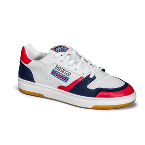 Angled front view of Sparco S-Urban Martini Racing shoe highlighting red, blue, and white detailing