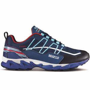  Side profile of Sparco Torque Martini Shoe with blue, red, and white racing stripes